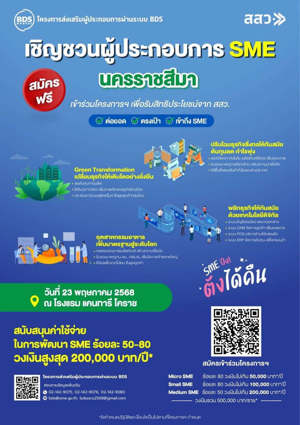 เชิญชวนผู้ประกอบการ SME จังหวัดนครราชสีมา สมัครร่วมโครงการส่งเสริมผู้ประกอบการผ่านระบบ BDS สมัคร ฟรี ไม่มีค่าใช้จ่าย ได้รับสิทธิประโยชน์มากมายจาก สสว. สนับสนุนค่าใช้จ่ายในการพัฒนา SME สูงสุด 200,000 บาท/ปี*