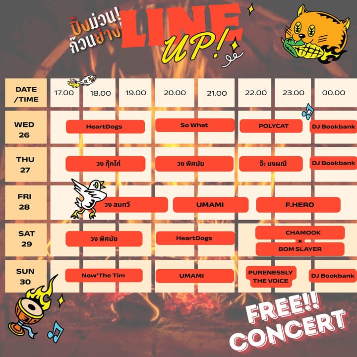 LINE UP ศิลปินแต่ละวัน เตรียมพบกับงานปิ้งย่างโฉมใหม่ ไฉไลกว่าเดิม!! มาในคอนเซปต์สุดม่วน “ปิ้งม่วนก๊วนย่าง!! Grill Gang Hangout!”