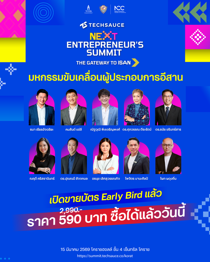 เปิดขายแล้ว! บัตร Early Bird งาน Techsauce ที่โคราช ราคาเพียง 590.-.โอกาสครั้งสำคัญของผู้ประกอบการและชาวอีสานมาถึงแล้ว! กับงาน Techsauce Next Entrepreneur's Summit - The Gateway to ISAN